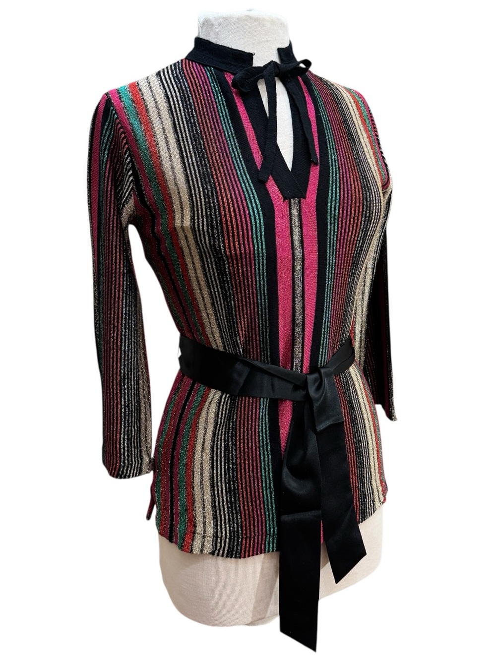Vintage Joyce Sportswear Metallic Stripe Knit Top Size S Tie Neck Belted